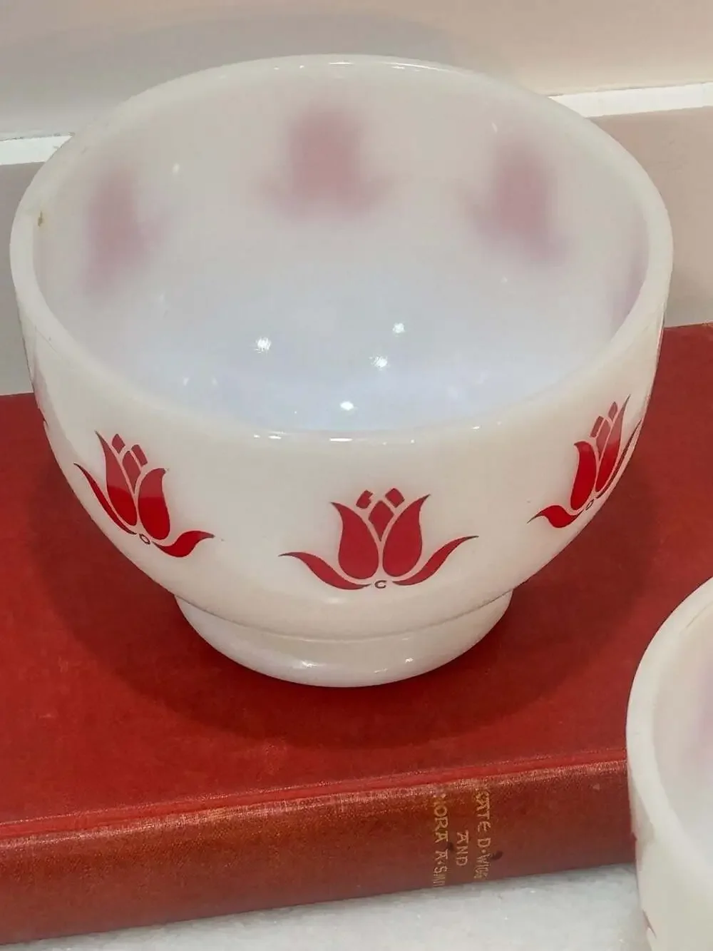 Set of 2 Vintage Fire-King Red Tulip Cottage Cheese Milk Glass Bowls